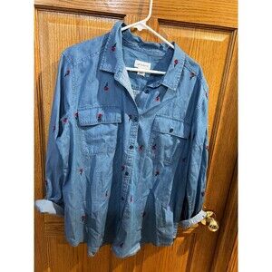 Liz  Claiborne Womens XL Lightweight Denim Shirt with Embroidered Red Poppies